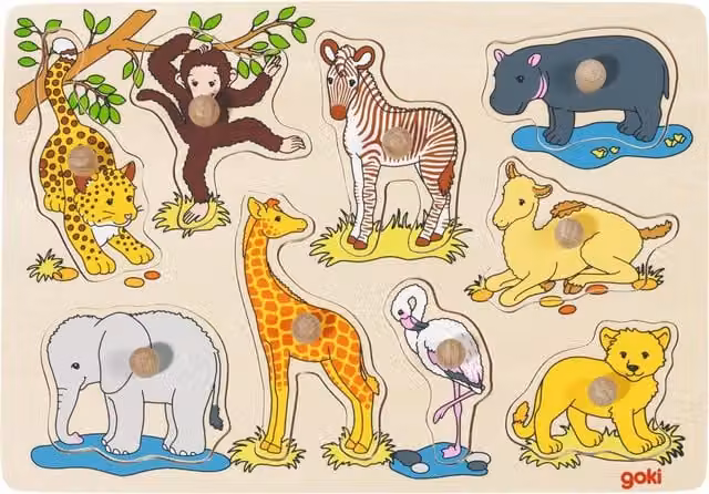 Goki Visit At The Zoo 48 Piece Wooden Knob Inset Puzzle in Blue and Multicolour
