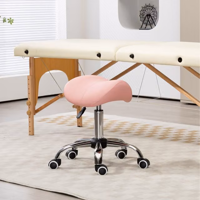 HOMCOM Pink PU Leather Saddle Stool with Moulded Padded Seat and Castors