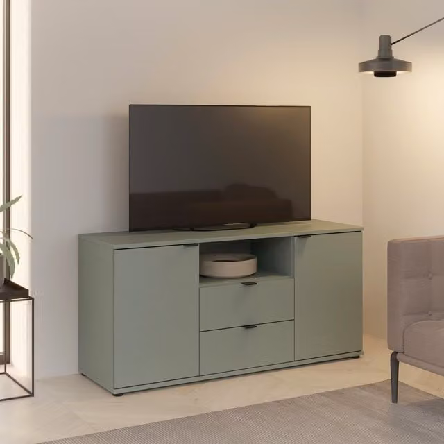Furniture To Go Ganymede Modern TV Unit with Open Shelf, 2 Drawers and 2 Doors in Green and Grey