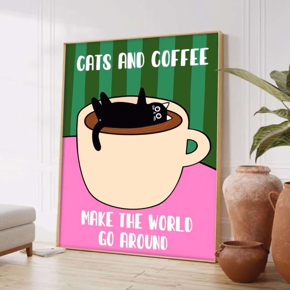 The Paper Tail Cats & Coffee Black Cat Funny Multicolour Paper Poster, Size: A5 – 4