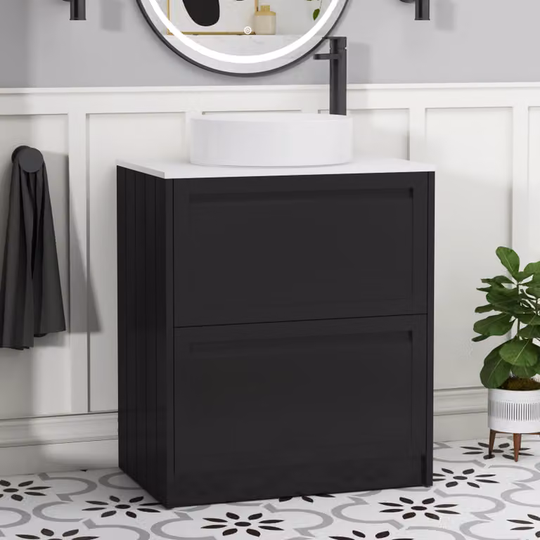Royal Bathrooms Elmore 700mm Floor Standing Bathroom Vanity Unit with 2 Drawers and Plain White Worktop in Matt Nocturne Black