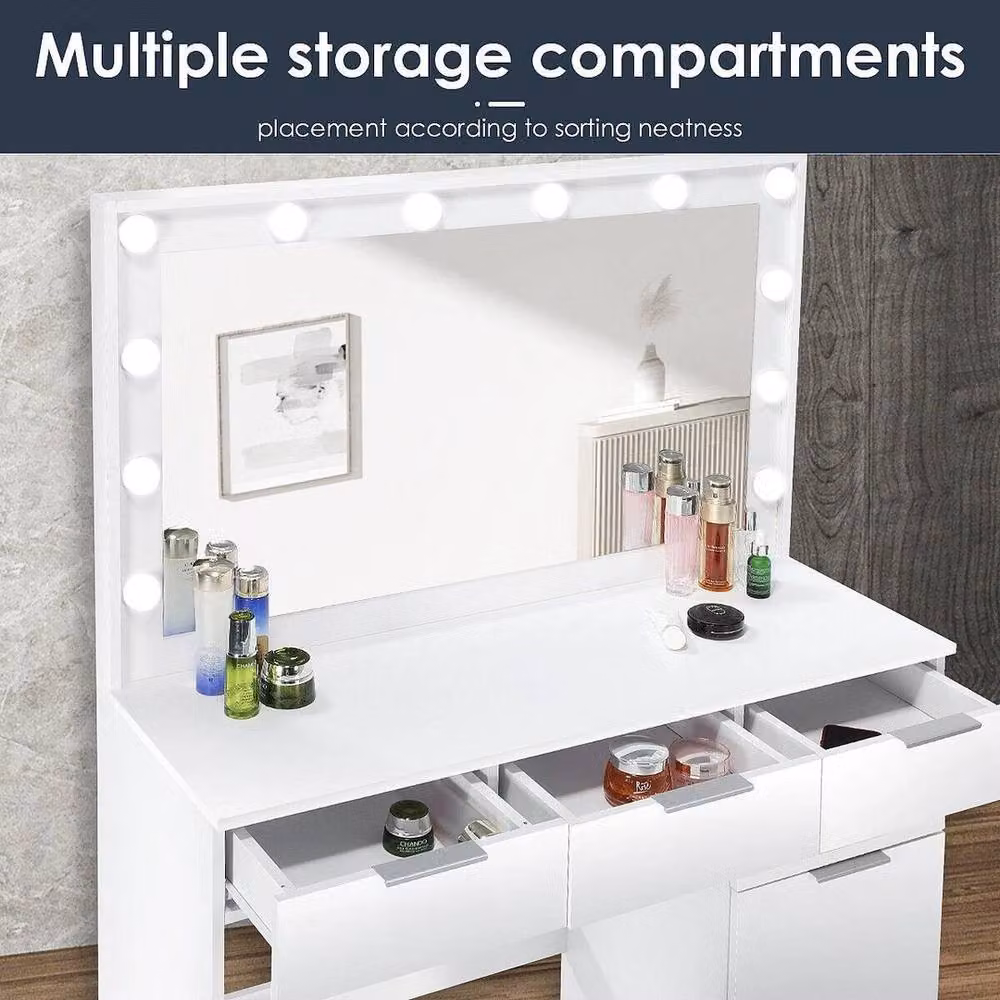 FLAVORA White Minimalist Dressing Table with Hollywood LED Mirror, Stool and Drawers, W: 100 cm, D: 15 cm – 3