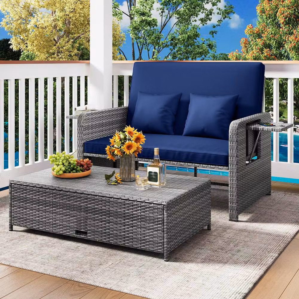 Costway 2-Piece Navy Blue PE Wicker Daybed and Patio Rattan Furniture Set with 4-Level Backrest – 3