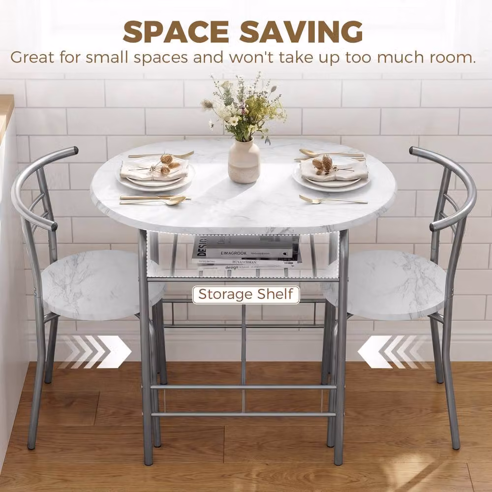 HOMCOM Modern Breakfast Bar Table and Stools Set with Storage Shelf in White – 3