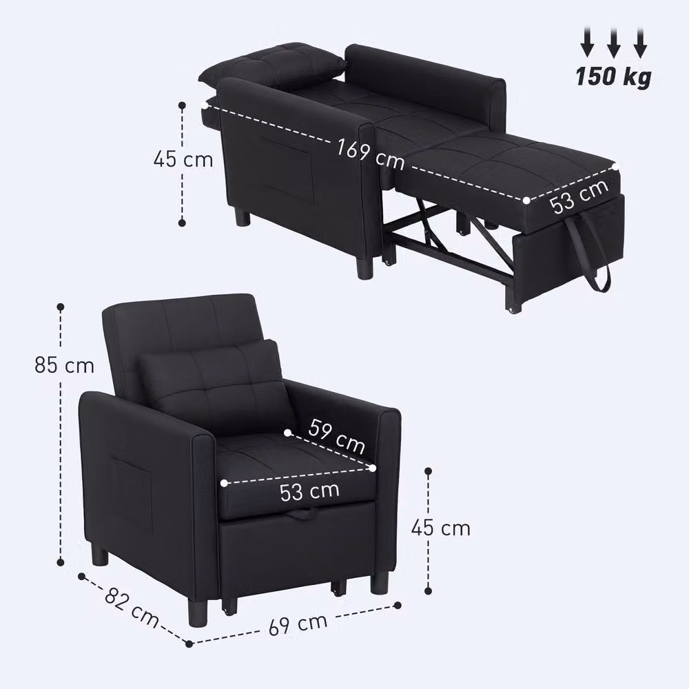 STILVORA Black Fabric Pull-Out Armchair Bed with Armrests – 4