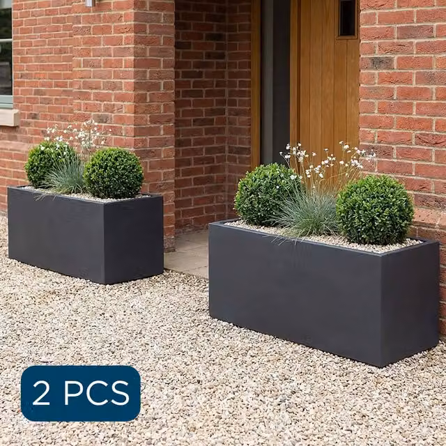 Set of 2 Idealist Rectangular Trough Garden Planters in Slate Grey Stone Finish