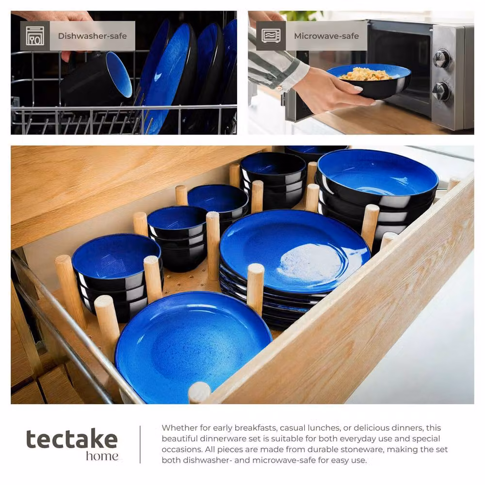 tectake Mare Glazed Stoneware Dinner Set for 6 People, Blue – 6