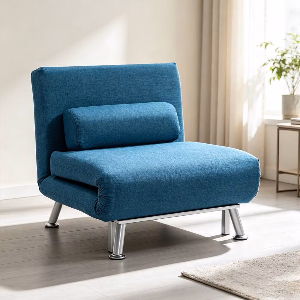 ERGOVEXA Blue Single Linen-Look Sleeper Chair with Armrests and Metal Frame – 3