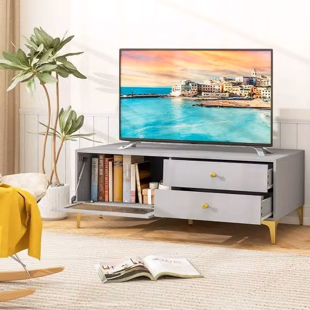 EONLION Modern Grey TV Stand with Metal and Glass Finish, W: 100 cm – 1