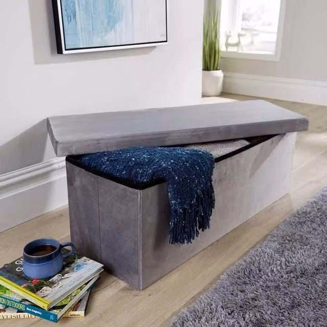 FORGEVIO Extra Large Folding Ottoman Storage Chest in Grey Velvet Fabric