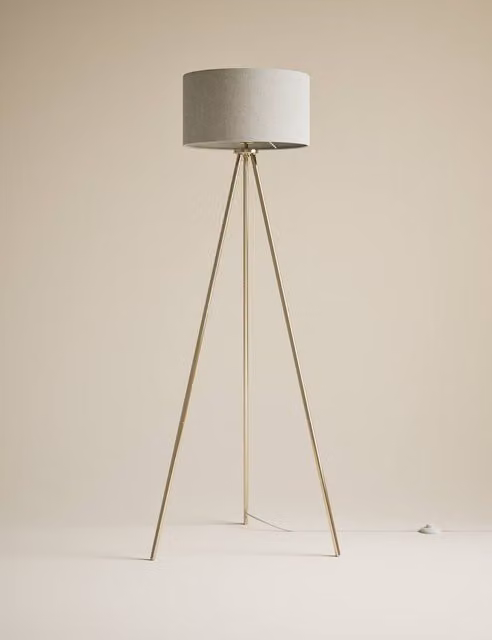 M&S Metal Tripod Floor Lamp in Gold and Brass with Grey Fabric Cylinder Shade