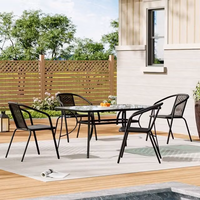 Livingandhome Black Outdoor Bistro Set with Rectangular Glass Table and 4 Stacking Chairs