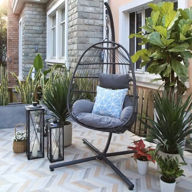 Home Garden Direct Totnes Grey Hanging Egg Chair with Stand and Cushions