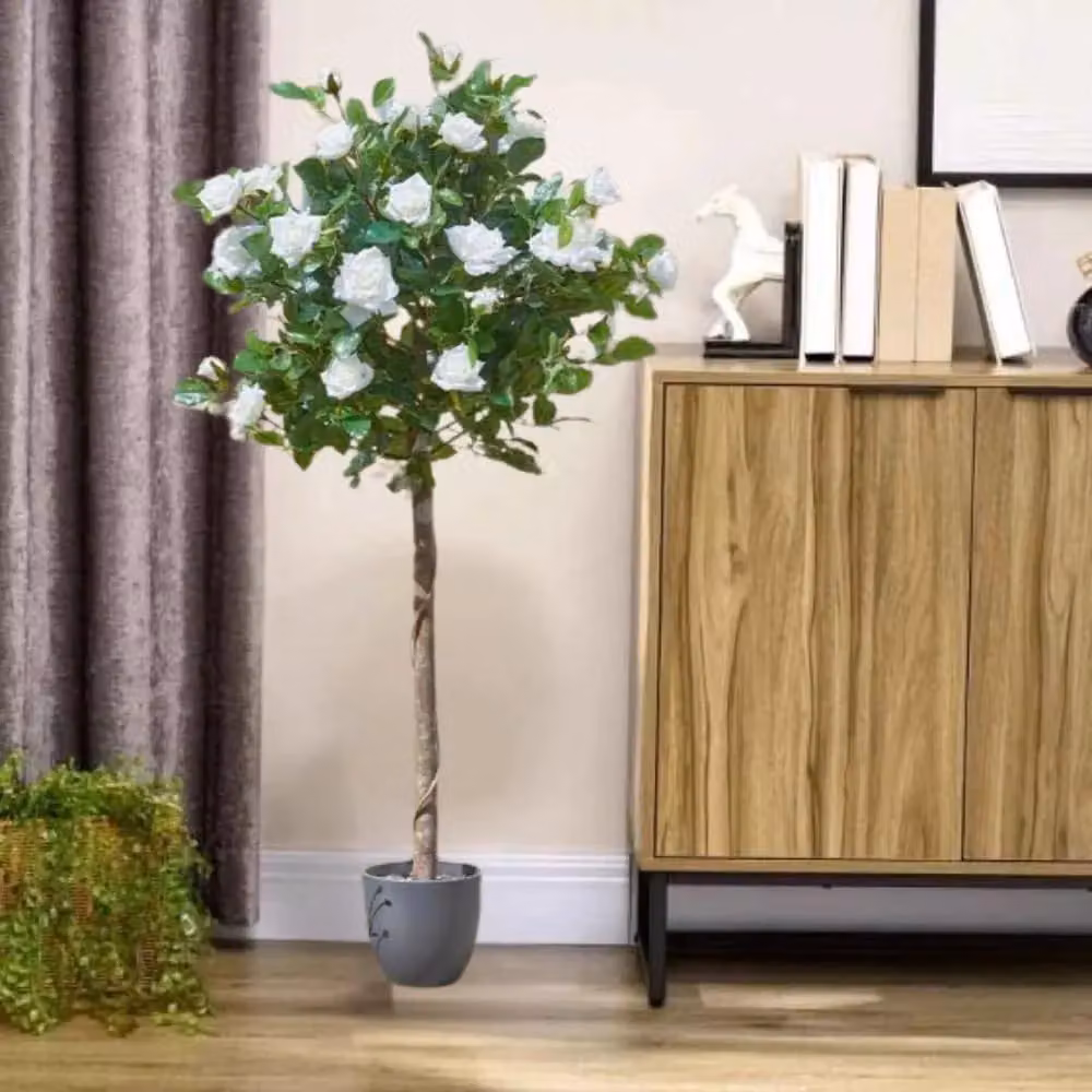 Marco Paul 120cm Freestanding Artificial White Rose Plant in Green – 7