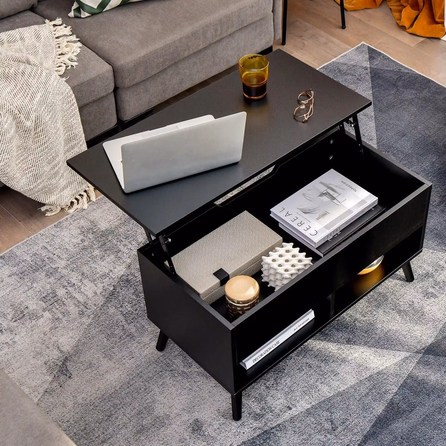 Costway Modern Rectangular Wooden Lift Top Coffee Table in Black – 5