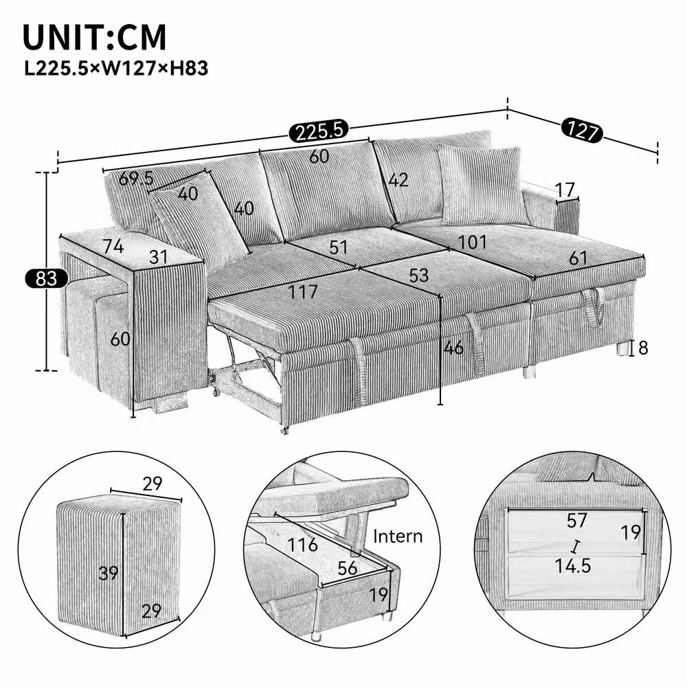 Merax L-Shaped Reversible Convertible Corner Sofa Bed with 2 Ottomans and USB Charging Ports, Beige, W/D/H: 225.5 x 127.0 x 83.0 cm – 2