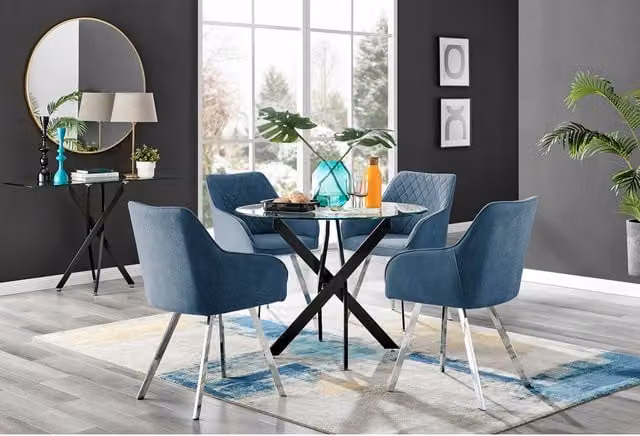 FurnitureboxUK Novara Round Glass Dining Table with 4 Falun Silver Leg Chairs in Blue