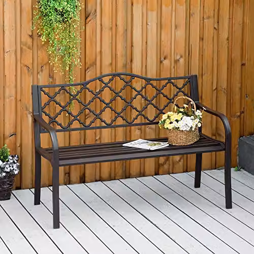 Outsunny Antique Style 2 Seater Garden Bench in Brown Powder Coated Steel, W/D/H: 128 x 60 x 89 cm – 2