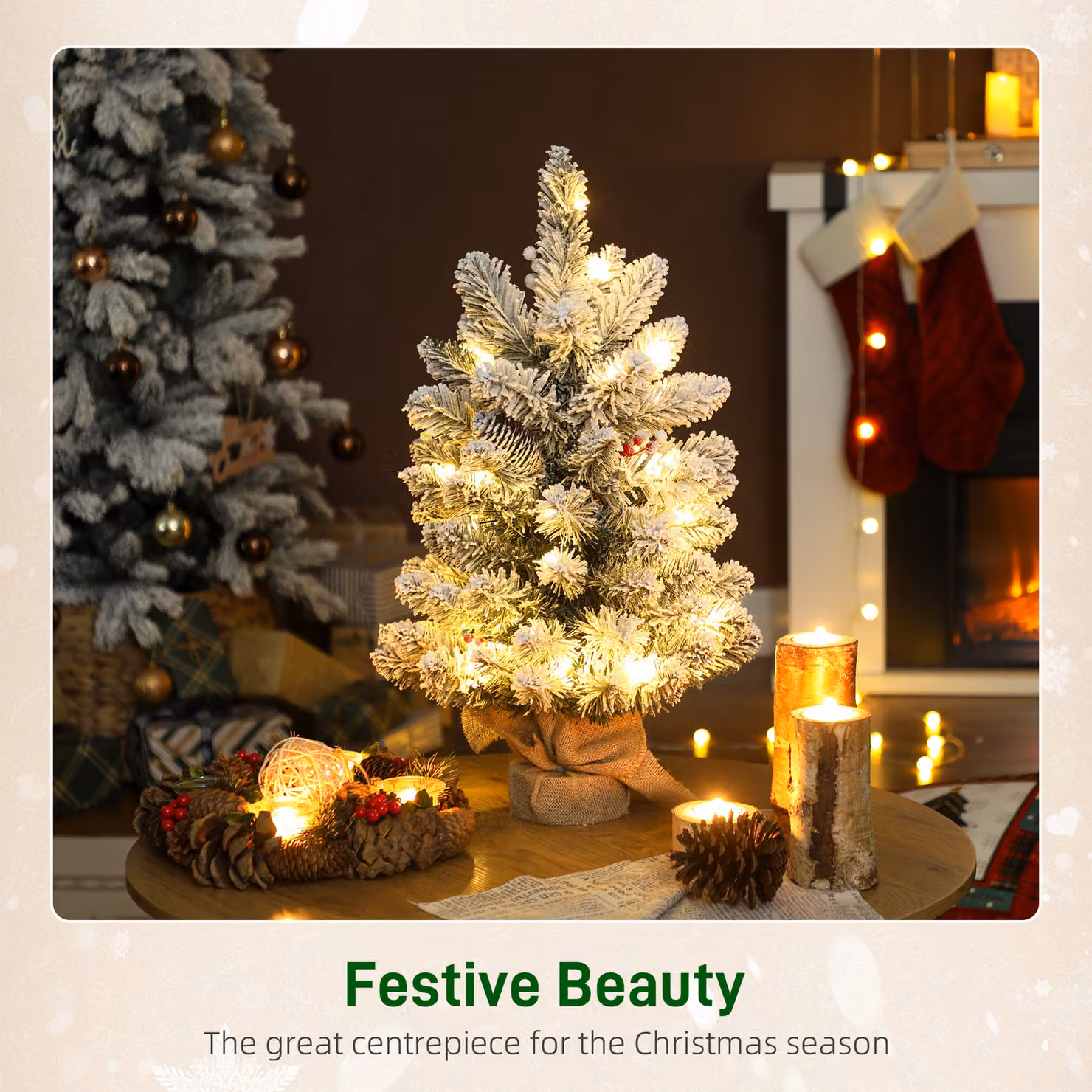 HOMCOM Green Snow Flocked Tabletop Mini Christmas Tree with 35 LED Lights and Linen Cover Base, 60 cm – 3