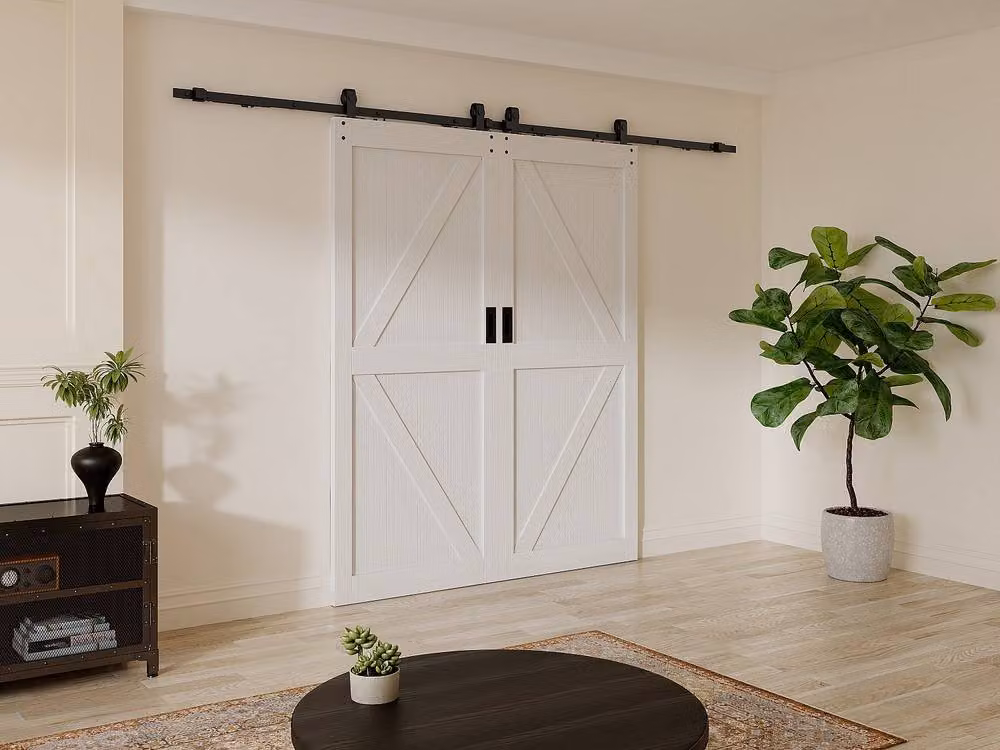 Vente-unique Double Sliding Door with Surface-Mounted System in White Wood and MDF – 2