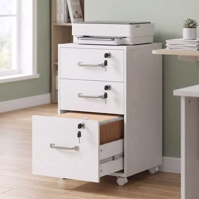 ERGOVEXA Three Drawer Wood-Effect Filing Cabinet in White with Lock and Castors, W: 40.0 cm, D: 40.0 cm, H: 69.5 cm