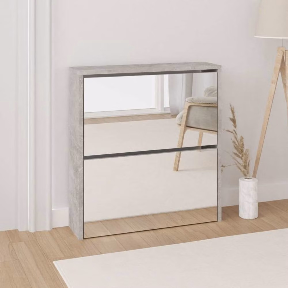 Berkfield Home Modern 2-Layer Shoe Cabinet with Mirror in Concrete Grey, W: 63 cm, D: 17 cm, H: 67 cm – 1