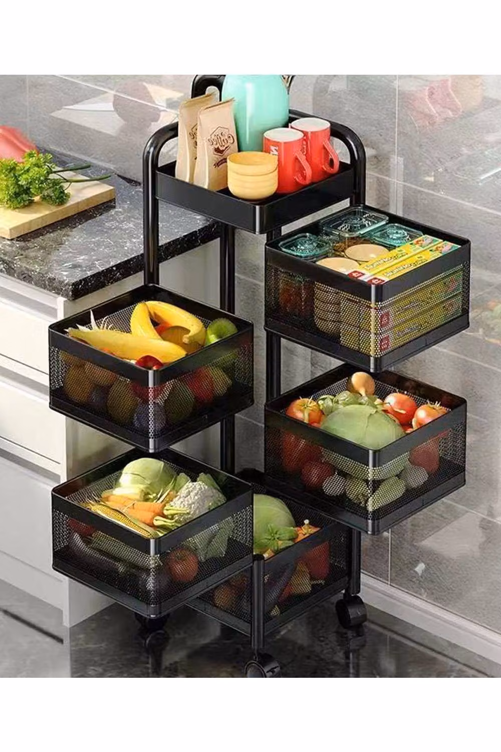 Living and Home 6-Tier Rotating Metal Storage Rack Trolley Cart in Matt Black – 2