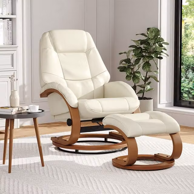 Livingandhome Beige PU Leather Ergonomic Executive Reclining Armchair with Footstool