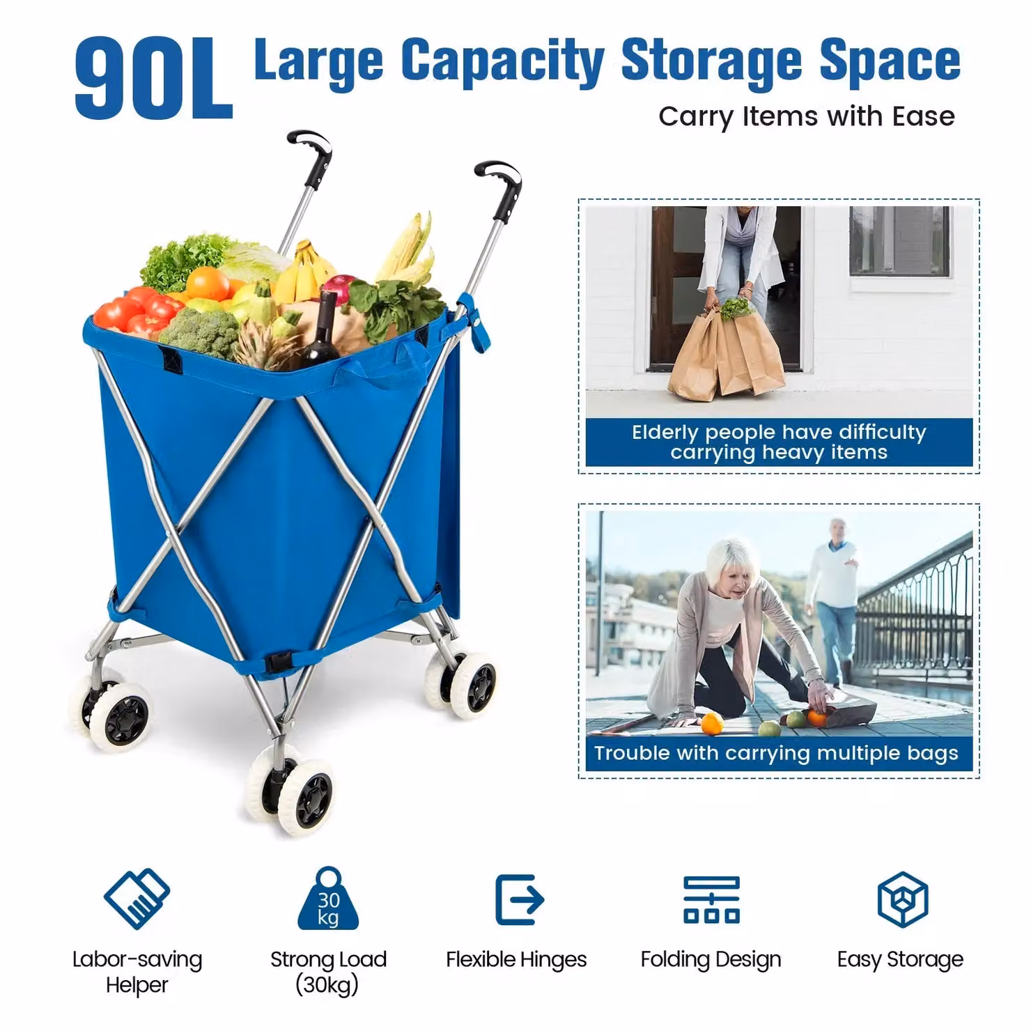 Costway 90L Folding Waterproof Grocery Shopping Cart in Blue – 4