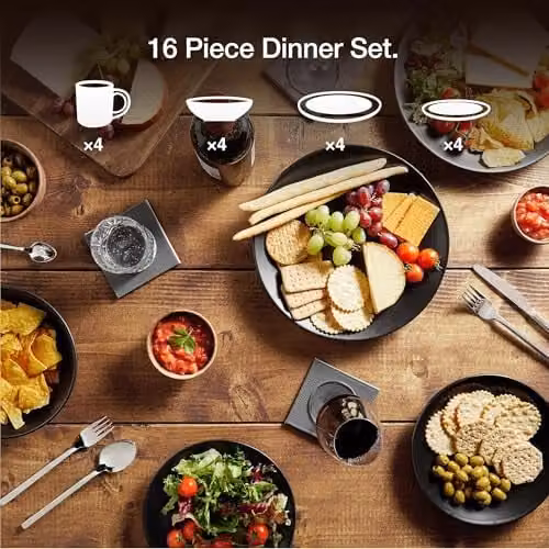 VonShef 16 Piece Matte Black Stoneware Dinner Set for 4, including Dinner Plates (Diameter: 28 cm), Side Dishes (Diameter: 21 cm), Bowls (Diameter: 16 cm) and Mugs, Dishwasher and Microwave Safe – 3