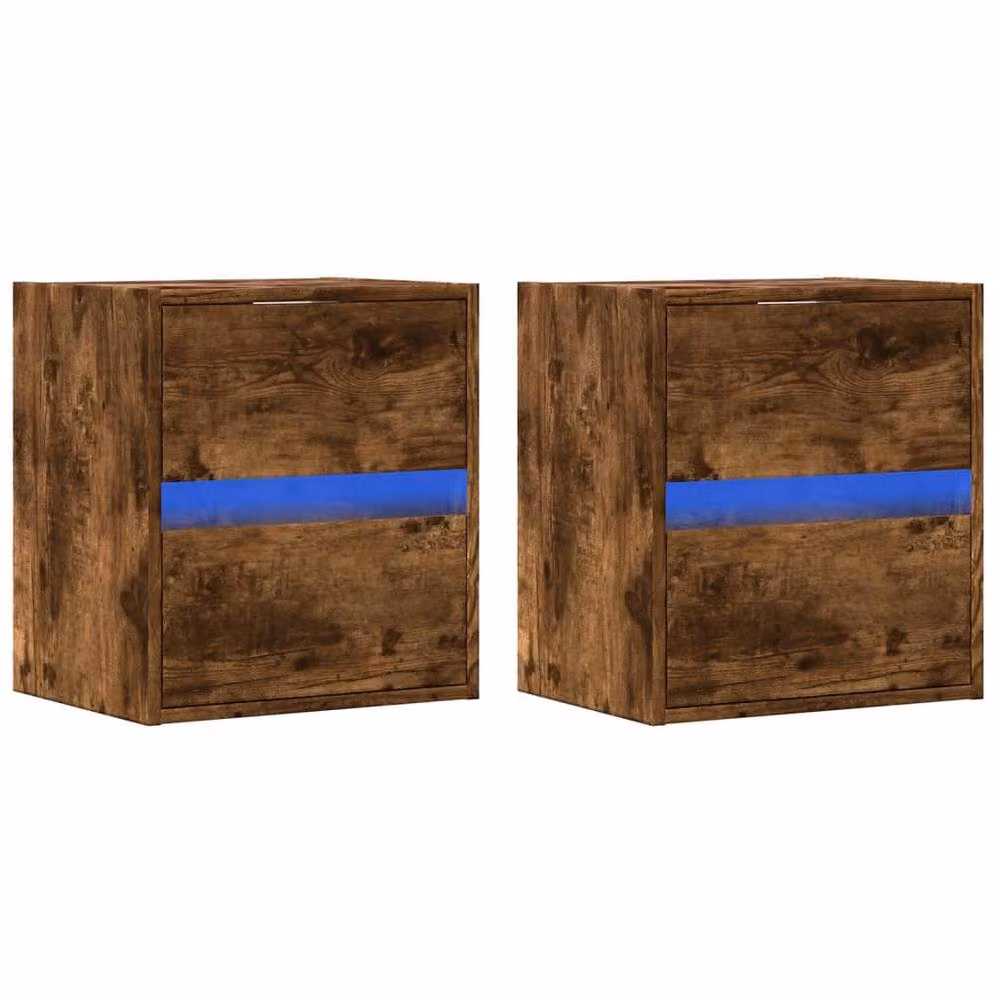Berkfield Home Set of 2 Wall-mounted Bedside Cabinets with Integrated LED Lights in Smoked Oak Brown – 2