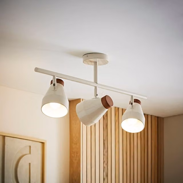 Parker Walnut Mid-Century Adjustable 3-Way Bar Ceiling Light in White and Wood