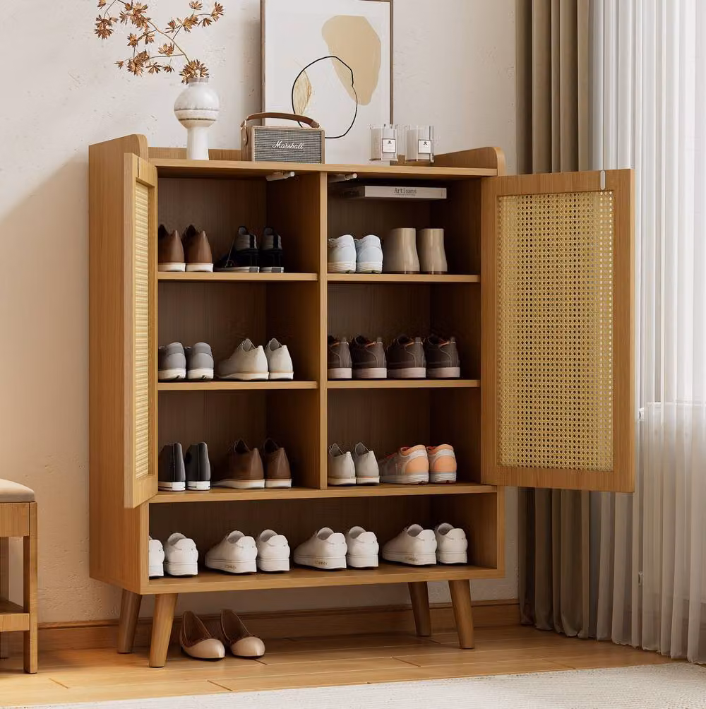 STILVORA 5-Tier Freestanding Shoe Cabinet with Rattan Hinged Doors in Light Oak – 2