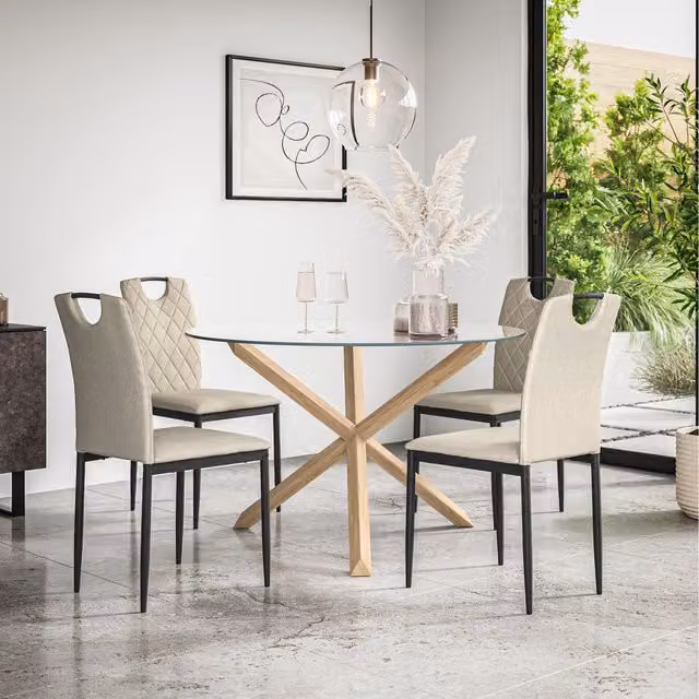 More4Homes Malvern Round Glass Dining Table Set with Solid Oak Legs and 4 Monza Linen Chairs in Beige