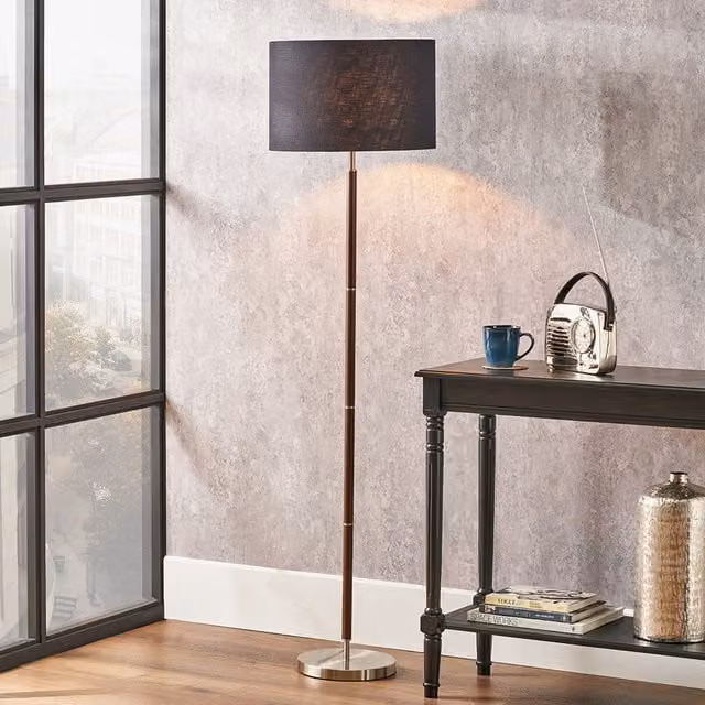 Pacific Lifestyle Modern Silver and Wood Effect Metal Floor Lamp with Fabric Cylinder Shade