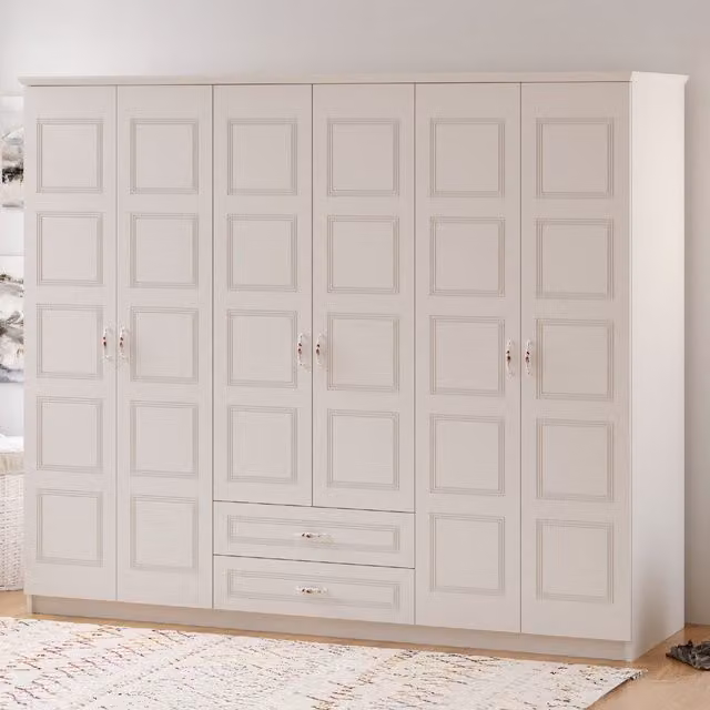 EVUHOME Regal 6 Door 2 Drawer White Wardrobe, H 210 x W 184 x D 52 cm