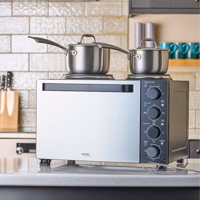 Cooks Professional 28L Mini Oven with Hobs, Black and Silver, W: 49 cm