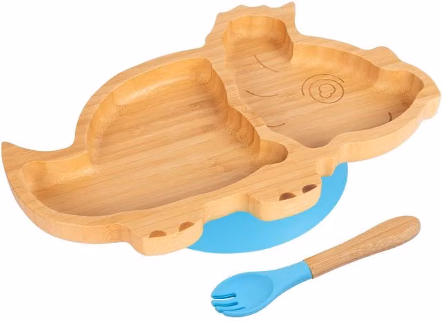 Tiny Dining Bamboo Dinosaur Baby Weaning Plate and Fork Set in Blue
