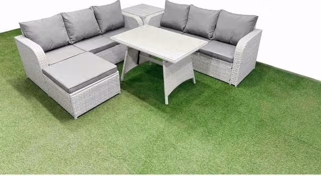 Fimous 8-Seater Grey Rattan Patio Dining and Lounge Set with Glass Top