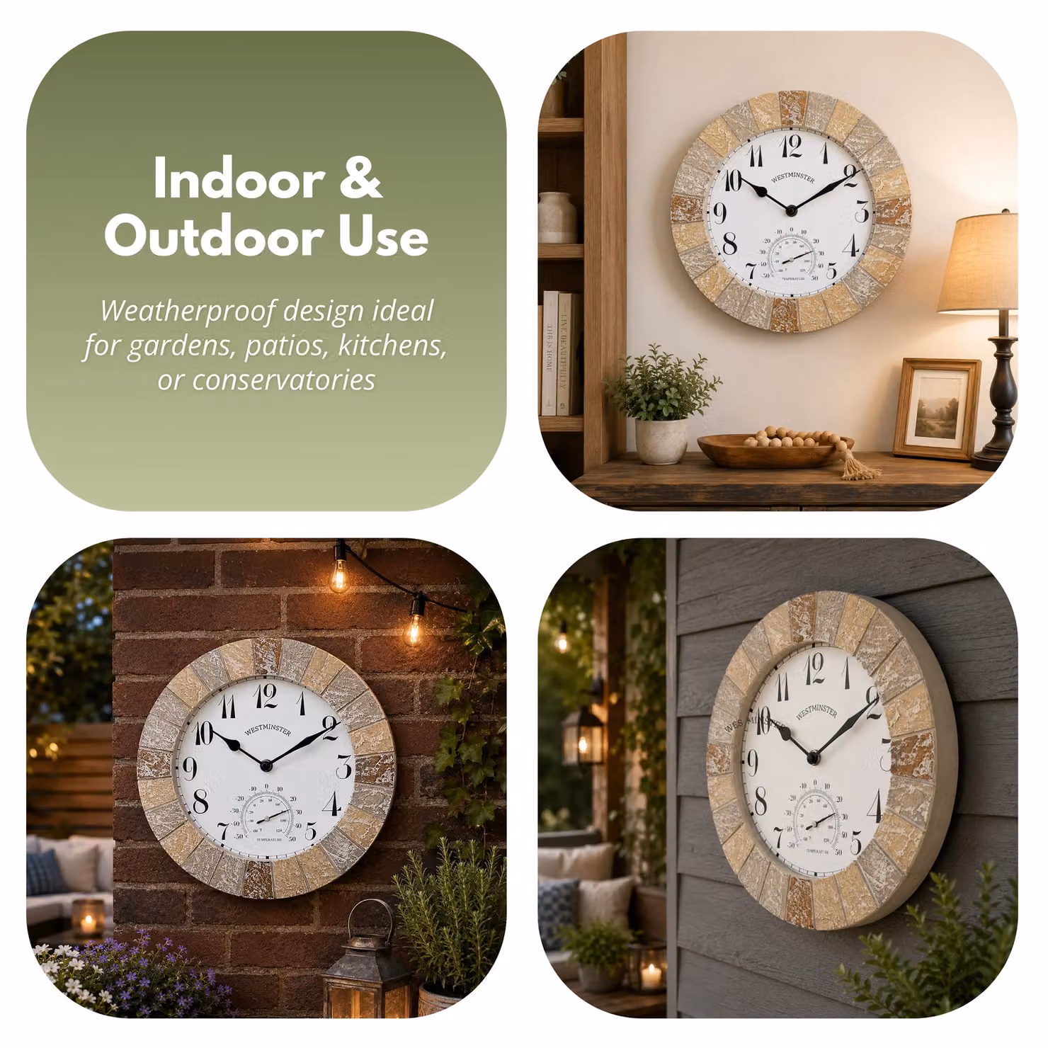 Marco Paul Westminster Stone Slates Round Analog Garden Clock and Thermometer, Diameter: 26 cm – 5