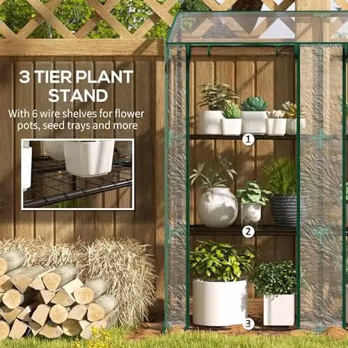 Outsunny Lean-to Mini Greenhouse with 3 Tiers and Roll-up Doors, Transparent, W/D/H: 143 x 46 x 151 cm – 4