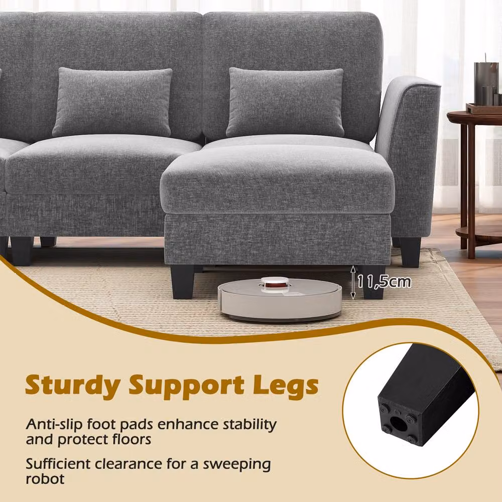 Costway Grey U-Shape Sectional Sofa Set with 2 Ottomans, Reversible Fabric 4-Seater with USB Charging and Removable Covers – 5