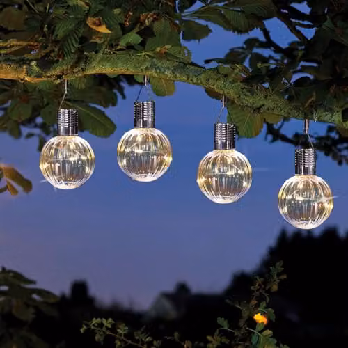 Set of 4 Solar Powered Hanging Orb Lights with Firefly Effect in Transparent Glass, Warm White, H11 x 8cm Diameter – 1