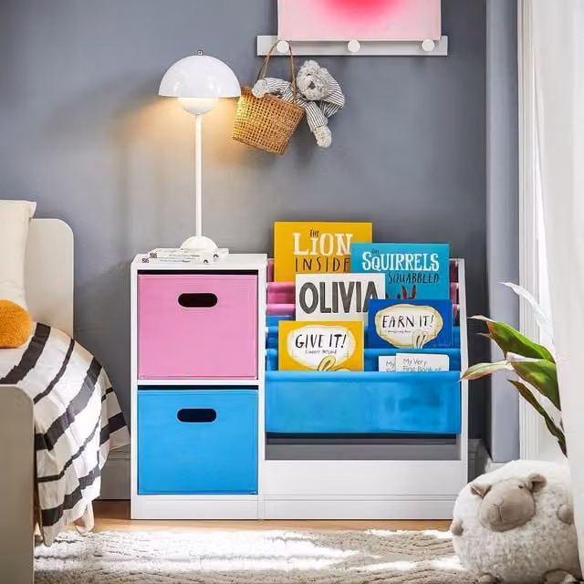 SoBuy Modern Kids Toy Shelf and Bookshelf with 2 Fabric Boxes in Pink, Blue and White