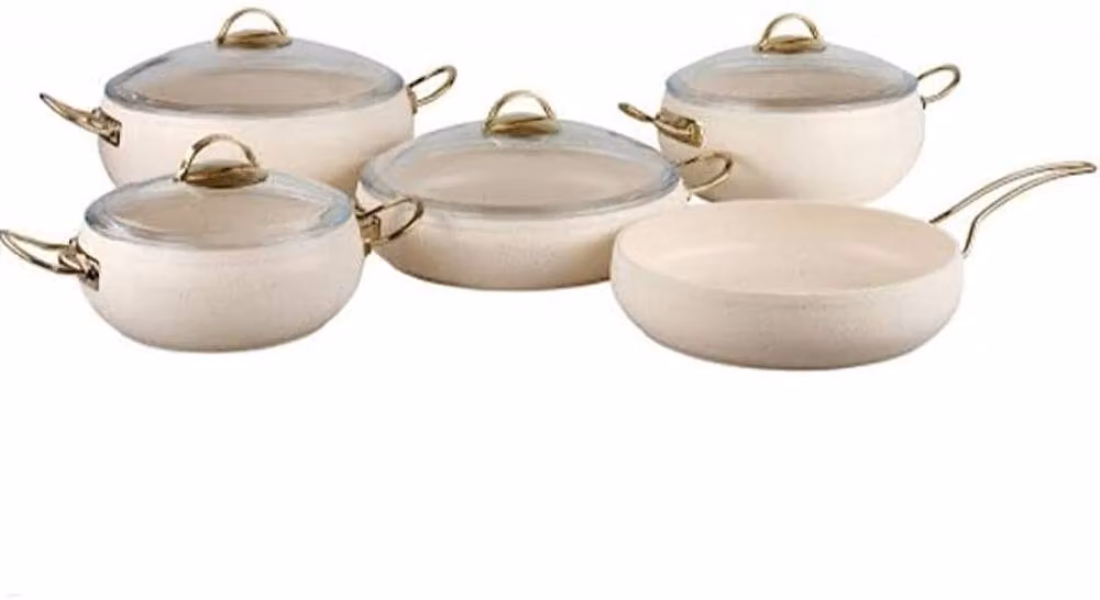 OMS 9-Piece Ceramic Granite Cookware Set in White and Black – 2