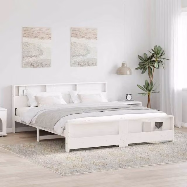 Berkfield Home White Solid Pine Wood Bed Frame with Headboard W/D/H: 180 x 200 cm
