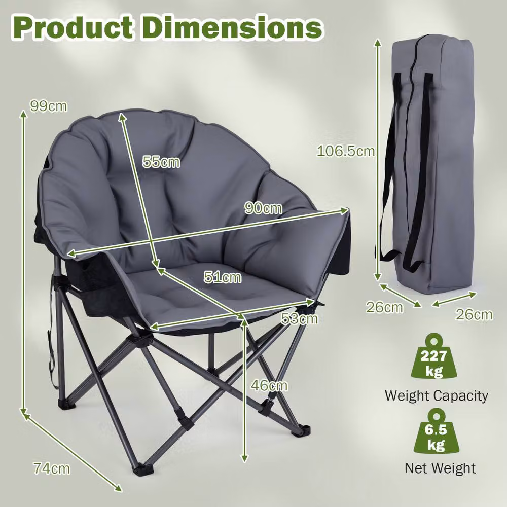 Costway Oversized Folding Camping Chair with Padded Seat and Cup Holder in Grey – 2