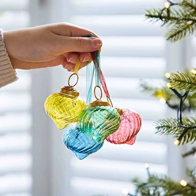 Paper High Set of 4 Multicolour Reclaimed Glass Raindrop Christmas Baubles