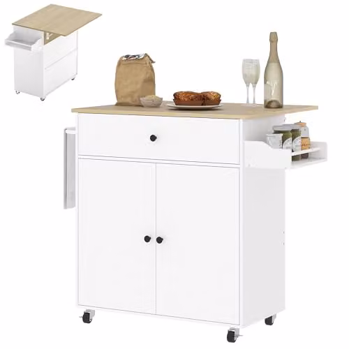 HOMCOM Modern White Kitchen Island with Hinged Doors, Internal Drawers and Shelves, W/D/H: 106 x 87 x 42 cm