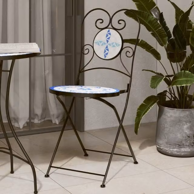 Berkfield Home Bistro Chairs Set of 2, Blue and White Geometric Ceramic and Metal Foldable Chairs